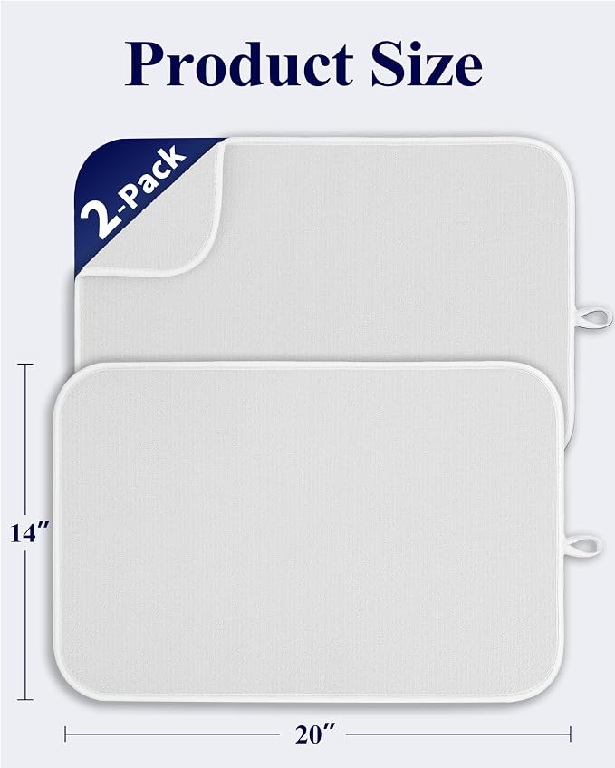 Kitsure Dish Drying Mat - 2-Pack Washable Microfiber Drying Mat for Kitchen Counter, 3-Layer Ultra Absorbent Pad with a Hanging Hook, 20" x 14", White