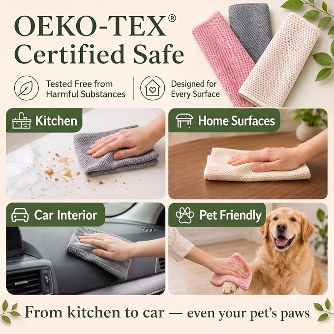 Solyra Non-Toxic Microfiber Kitchen Cleaning Cloths, 6 Pack, 12 x 12 in | OEKO-TEX Certified, Safe for Family & Pets, Lint-Free Kitchen Rags for Counters, Bath & Car