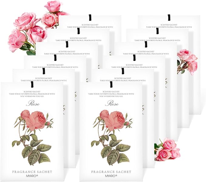 MYARO 12 Pack Rose Scented Sachets, Closet Deodorizer Car Air Freshener | Long-Lasting Sachet Bag, Odor Eliminator for Closet, Drawer, Bathroom, Clothes, Fabric Refresher, Home Fragrance Gift Set