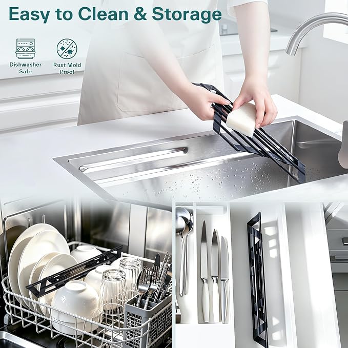 Ohuhu Corner Sink Caddy, Sponge Holder for Kitchen Sink Organizer - Silicone Wrapped Steel Anti Slip Rust Triangle Over the Sink Roll-UP Dish Drying Rack for Sink Corner Kitchen Sink Accessories