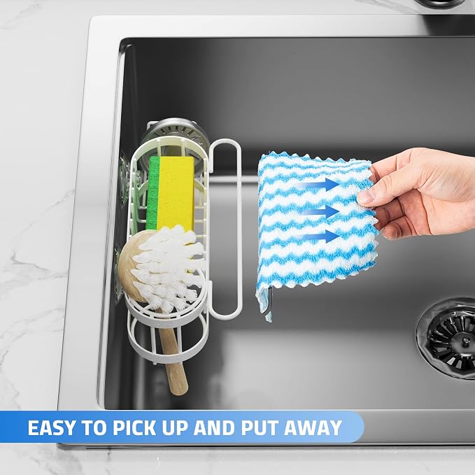 Cisily Kitchen Sink Caddy Sponge Holder in The Sink, Stainless Steel Kitchen Sink Organizer, Brush Holder, Dish Cloth Hanger, Sink Stopper Holder (Suction cup-White)