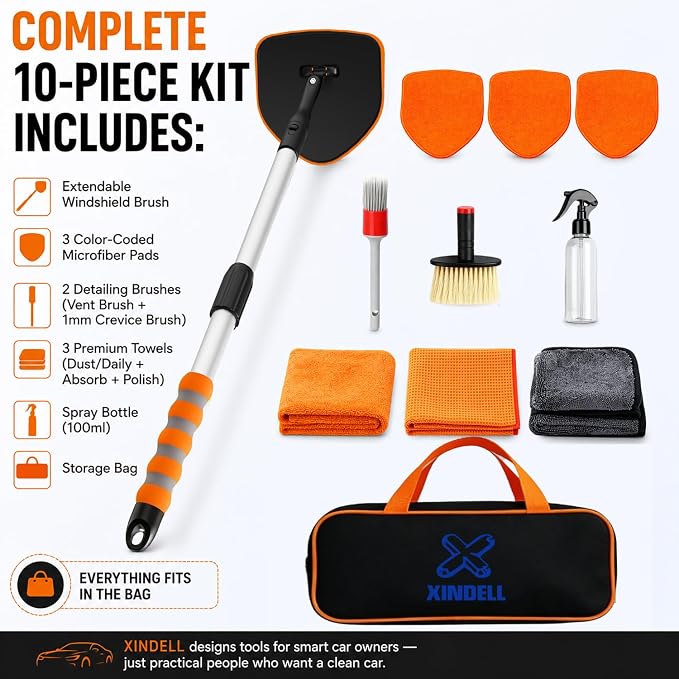 XINDELL Interior Windshield Cleaner Tool, Extendable Car Window Cleaning Kit with 360° Rotating Head, Interior Exterior Glass Cleaner for Cars Trucks SUVs, 10PCS with 3 Pads, Towels, Brushes & Bag | 360° Head, Extendable Handle, 3 Pads, 2 Brushes, 3 To...