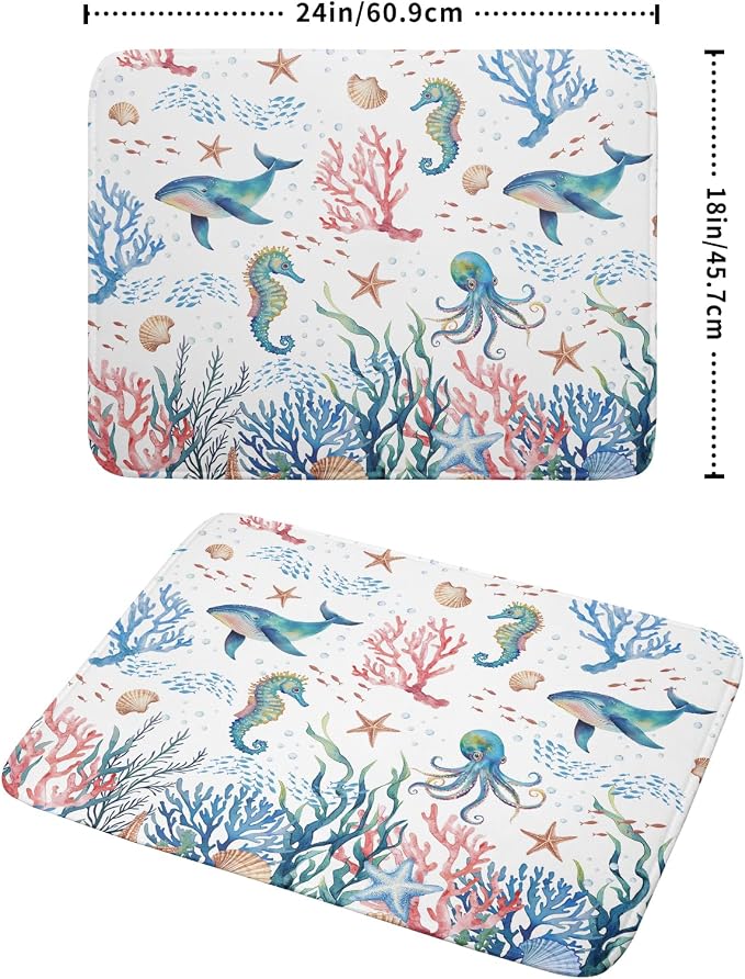 Giwawa Coastal Ocean Dish Drying Mat Seahorse Whales Drainer Rack Mats 18"x24" Absorbent Microfiber Dish Drying Pad Protector for Kitchen Counter