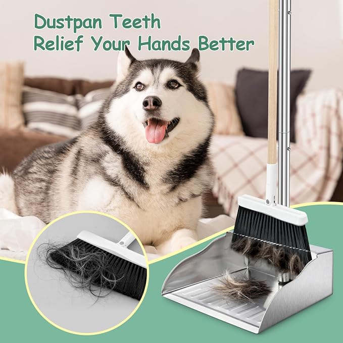 Dust Pans with Long Handle,Heavy Duty Metal Dust Pan with Dust Pan Teeth | Stand Up Dustpan with 3pcs Adjustable Handle,Stainless Steel Dust Pan with Teeth to Clean Hair for Home,Outdoor,Office,Garden