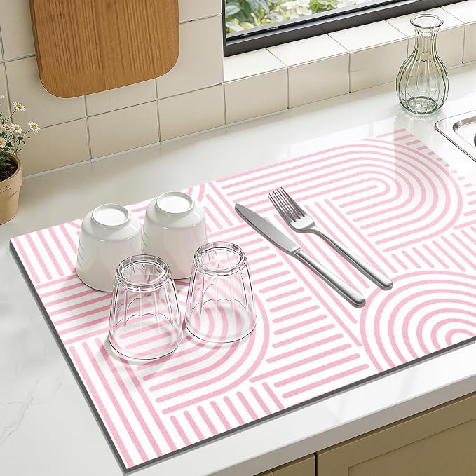 Findosom Dish Drying Mat, 12" x 20" Super Absorbent Dish Mat with Modern Geometric Striped, Hide Stain Drying Mat for Kitchen Counter, Under Dish Rack, Coffee Maker, Espresso Machine, Pink & White
