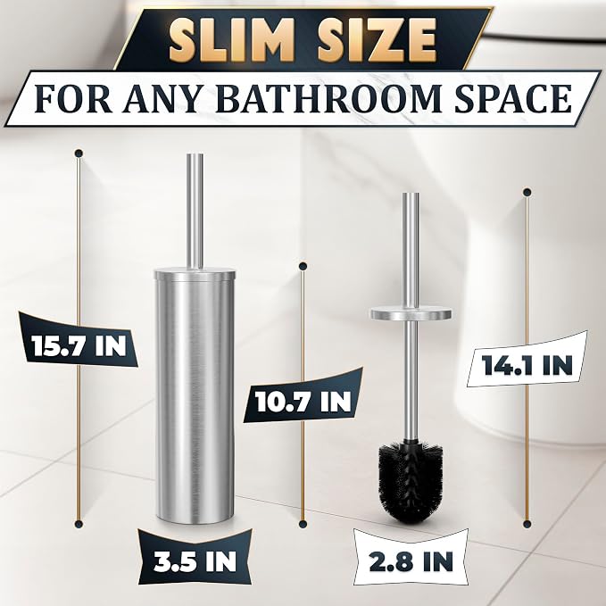 Stainless Steel Toilet Brush and Holder Set, Splash Guard (Silver) | Toilet Bowl Brush and Holder, Removable Inner Bowl, Dense Bristles, Long Handle, Scratch Resistant, for Modern Bathrooms