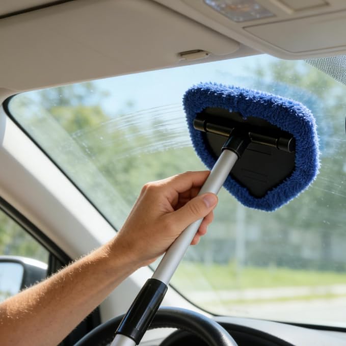 Microfiber Car Windshield Cleaning Tool with Extendable Handle,Car Defogging Glass Cleaning Brush with 4 Reusable Microfiber Pads 1 Spray Bottle and 1 Car Dust Removal Brush. (Blue)