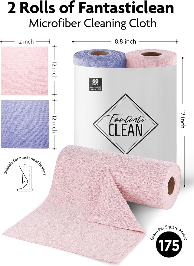 Fantasticlean Microfiber Cleaning Cloth Roll- 60 Sheets,12" (Pink,Lavender) | Super Absorbent, Lint-free, Tear-away Microfiber Towel Roll, for All-Purpose Cleaning, Reusable Alternative to Paper Towels
