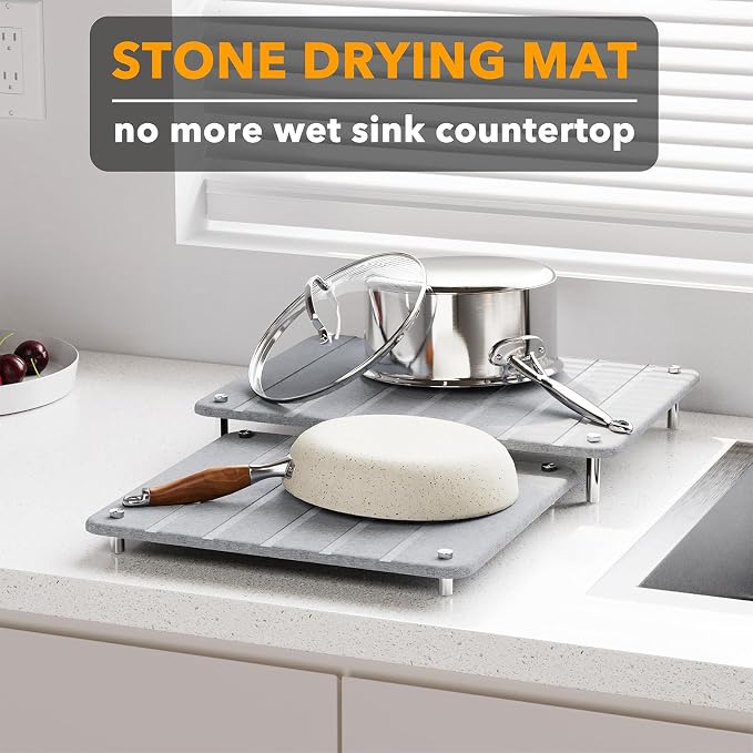 SpaceAid 2 Pack Stone Dish Drying Mats for Kitchen Counter, Expandable Absorbent Rack Dish Pad, Quick Dry Diatomaceous Earth Dishes Mat Tray, Absorbing Sink Stone Mat Board (Light Gray)