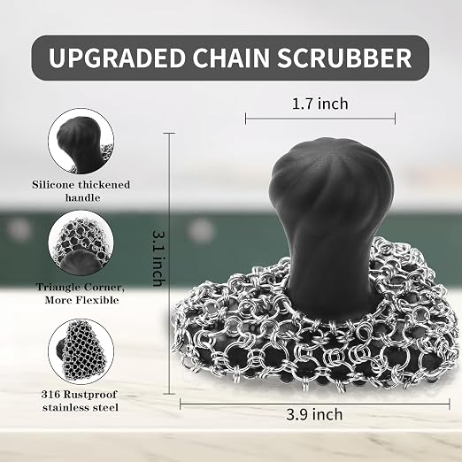 Cast Iron Scrubber with Handle 316 Dish Cast Cleaner Chainmail Scrubber for Pan Skillet Iron Scrub Brush Steel Wool Scrubber Cleaning Kit (1 Scrub + 1 Scraper)