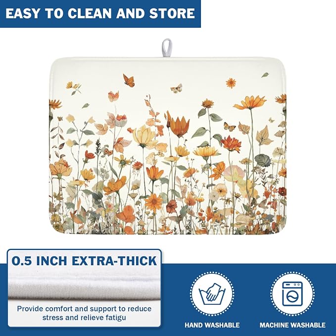 Fall Floral Dish Drying Mat for Kitchen Counter Orange Rustic Vintage Wildflower Pattern Microfiber Dish Drainer Mat Autumn Absorbent Washable Drying Pad Extra Large 18"x24"
