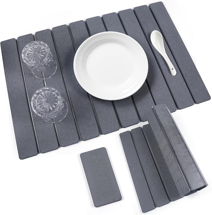 2 PCS Quick Dry Stone Dishes Mats for Kitchen Counter,Collapsible Quick Drying Dish Mats,Ultra Absorbent Diatomaceous Earth Mats for Dishes Bottles Cups, Match Any Countertop（Dark Gray 24"×16"& 8"x4"）