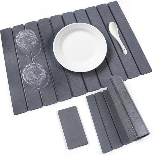 2 PCS Quick Dry Stone Dishes Mats for Kitchen Counter,Collapsible Quick Drying Dish Mats,Ultra Absorbent Diatomaceous Earth Mats for Dishes Bottles Cups, Match Any Countertop（Dark Gray 24"×16"& 8"x4"）