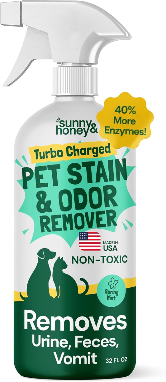 Sunny & Honey Turbo Pet Stain and Odor Remover for Carpets, 32fl oz Mint | USA Made - Enzyme Cleaner for Dog Urine & Poop - Eliminates Set In Stains - Color Safe - For Rugs, Furniture & Car Seats