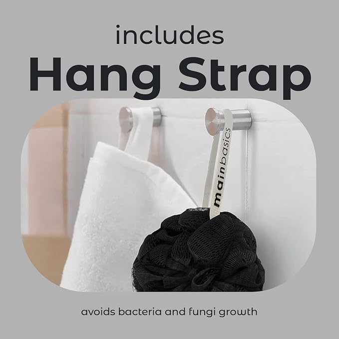 MainBasics Shower Loofah Sponge Pouf, Set of 3, Triple Black | Soft Mesh Body Scrubber and Bath Sponge for Gentle Exfoliation, Rich Lather, and Everyday Shower Use