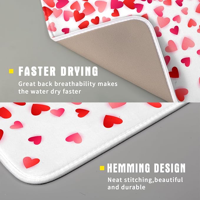 Valentines Dish Drying Mat for Kitchen Counter Hearts Holiday Microfiber Absorbent Dish Draining Reusable Washable Foldable 16"x18"