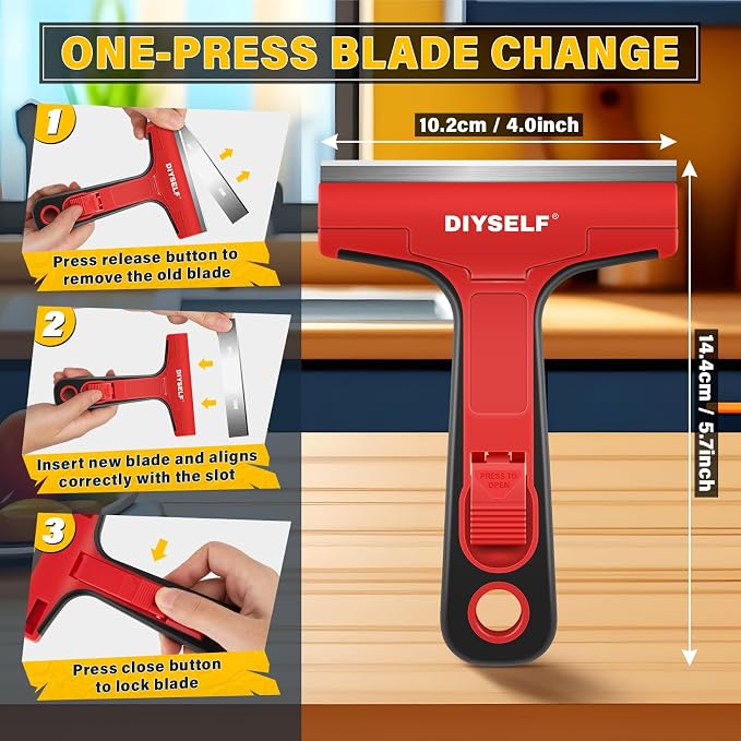 DIYSELF Razor Blade Scraper with 10 PCS 4" Blades, Scraper for Cleaning | Razor Scraper for Cleaning Glass, Window, Stove Top, Oven, Kitchen, Cooktop, Shower Door, Sticky Residue, Wallpaper, Red