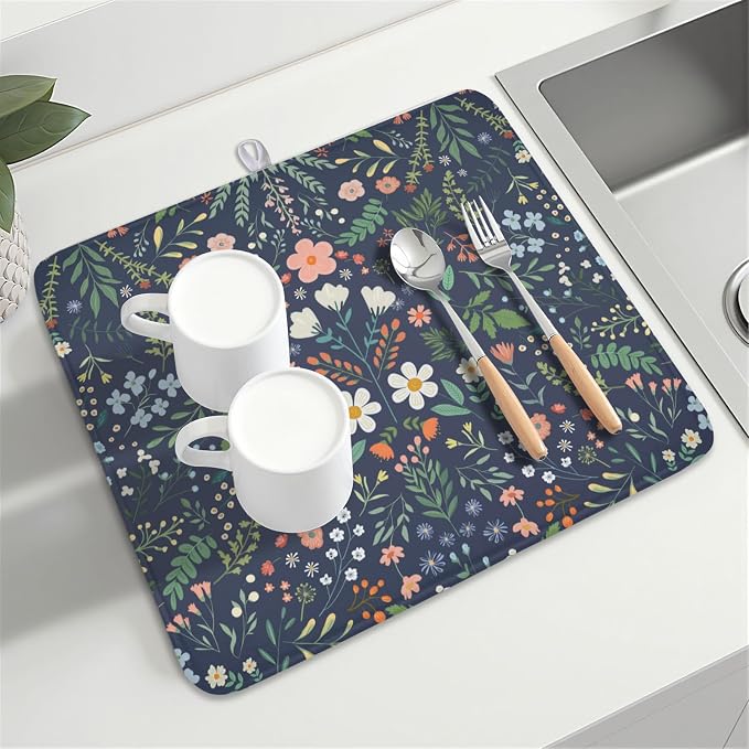 Floral Dish Drying Mat for Kitchen Counter Rustic Flower Leaves Print Microfiber Dish Drainer Mat Farmhouse Floral Absorbent Washable Drying Pad 16"x18"