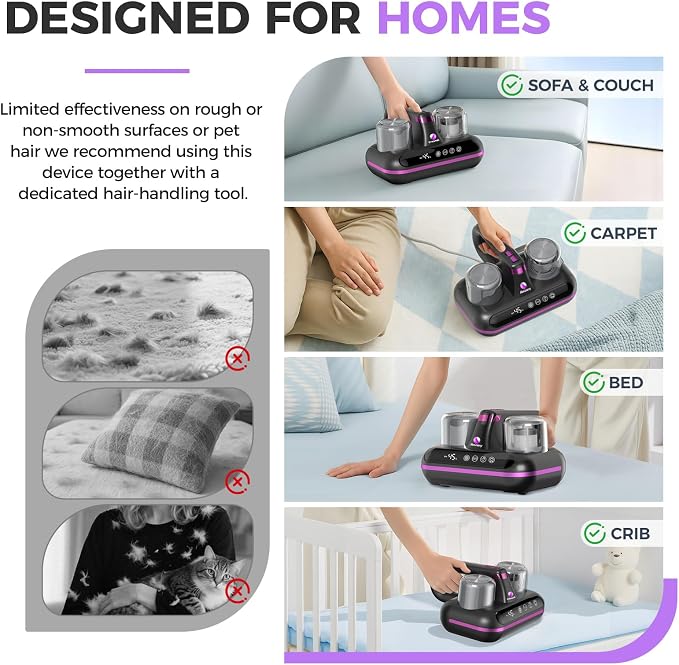 Amzany Mattress Vacuum Cleaner - 5-in-1 Cordless Bed Vacuum Cleaner, Powered by Ultrasonic Technology, 16Kpa Strong Suction,Low Noise,Suitable for Dust, Pet Hair, Etc - Gray Purple