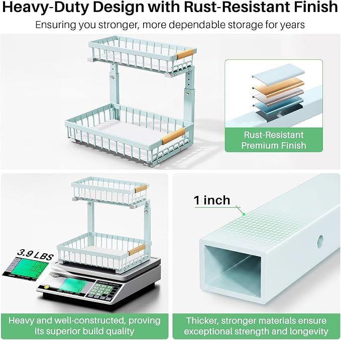 Kitstorack Under Sink Organizer, 2 Tier Under the Sink Storage, Slide out Pull out Cabinet Organizer Shelf, Metal Sliding Drawer for Kitchen Bathroom Pantry Closet Organization Rack, Blue, 1 Pack