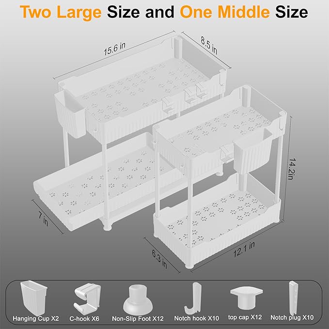 Sevenblue 3-Pack 2-Tier Under Sink Organizers with Sliding Drawers | Multi-use kitchen & bathroom storage, 12.8 inch white cabinet organizer, space-saving sliding drawer design.