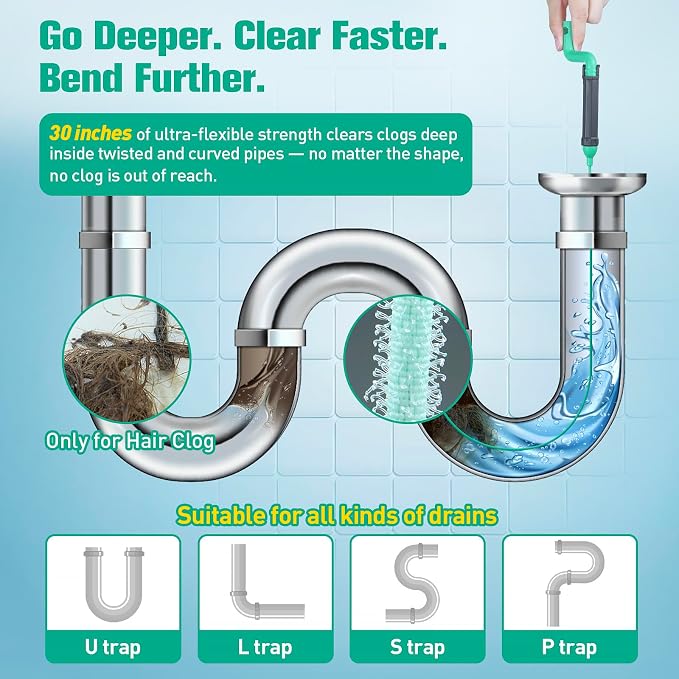 Drain Clog Remover Tool, 30-Inch Hair Clog Remover, Plumbing Snake Auger with Rotating Handle, Flexible Steel Shower Drain Snake for Cleaning Shower, Bath Tub, Easy to Use on Most Home-10 Pack