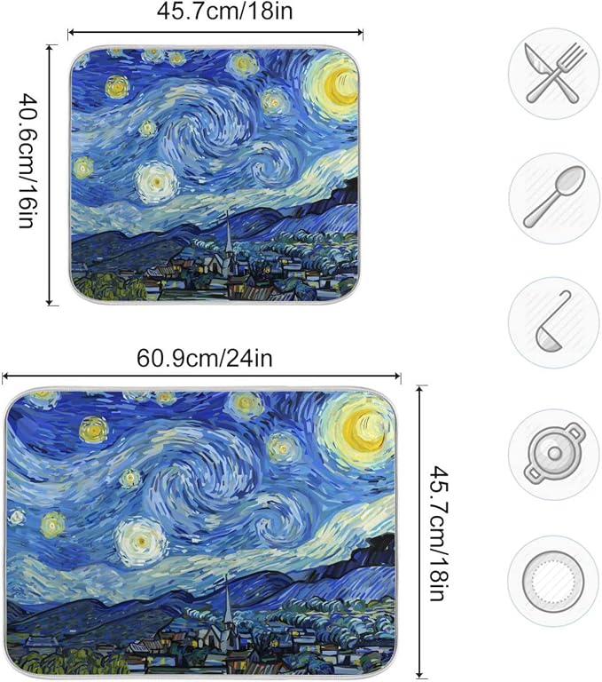 Absorbent Dish Drying Mat for Kitchen Counter - Van Gogh's Starry Sky Blue Microfiber Drying Pad, Reversible Drainer Mats for Countertop, Lager 18 x 24 inch