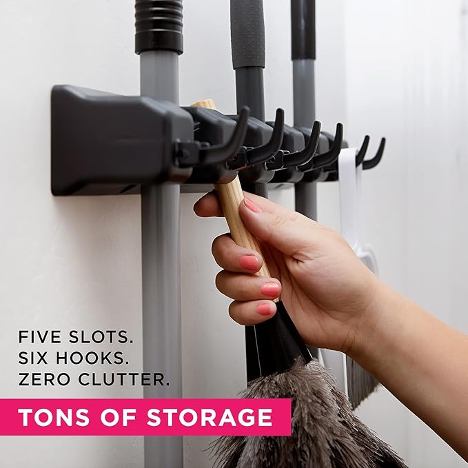 Broom Holder Wall Mount, Mop and Broom Organizer – Wall Mounted Broom Rack & Mop Rack, Rack for Brooms and Mops | Broom Hanger Wall Mount with 5 Slots & 6 Hooks, Kitchen Garage Laundry Garden