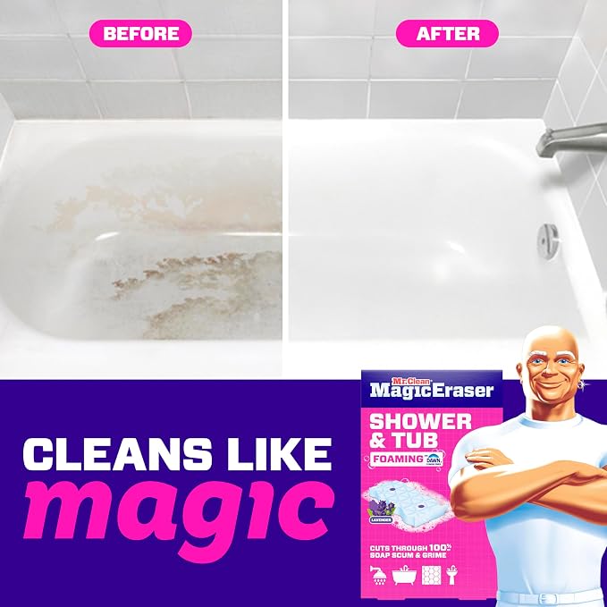 Mr. Clean Magic Eraser Sponge, Bathroom, Shower, Tub Cleaner, Soap Scum Remover, Bathroom Cleaning Supplies, Dawn Cleaning Power with Lavender Scent, Shower & Tub, 6ct