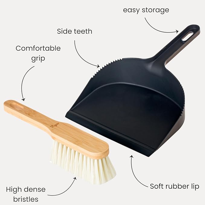 Vigar Vintage Mini Bamboo Broom with Dustpan Combo Set, Black | Small Dust Pan and Brush Set, For Dust, Pet Hair, Car and Crumbs, House and Kitchen Cleaning, Bamboo Broom