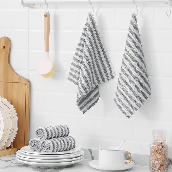 Homaxy 12 Pack Kitchen Dish Cloths, Ultra Soft and Absorbent Dish Towels, Reusable Fast Drying Microfiber Cleaning Cloth, Coral Velvet Wave Design No-lint, 10 x 10 inches, Grey