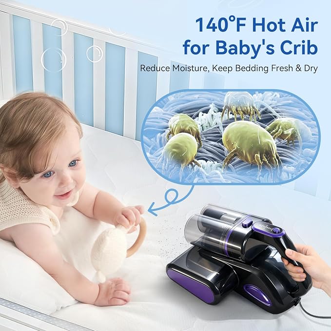 Mattress Vacuum Cleaner, 600W 16KPa Corded Bed Vacuum with 140°F Hot Air & HEPA Filter, Deep Cleaner for Mattress, Sofa, Crib, Dust & Pet Hair