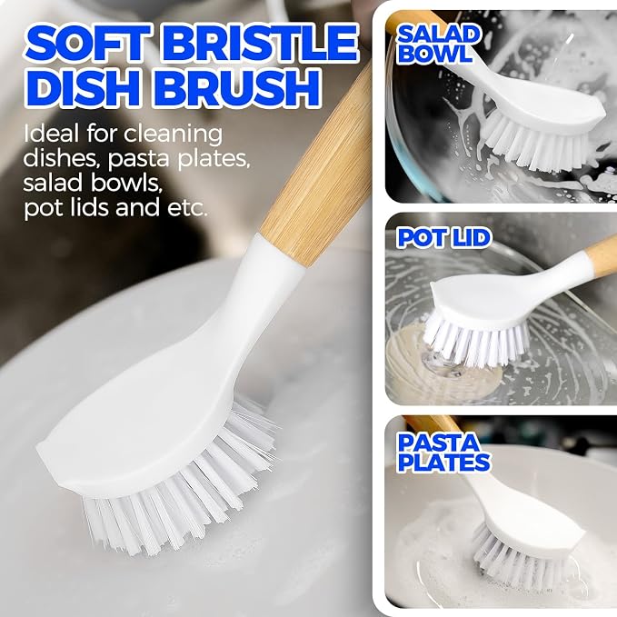 Holikme 3 Pack Dish Brush Set with Bamboo Handle, Kitchen Brushes for Cleaning Pot, Sink and Stove, Skillet Scrubber with Tough Bristles for Cast Iron Grill Pan, White Yellow Black