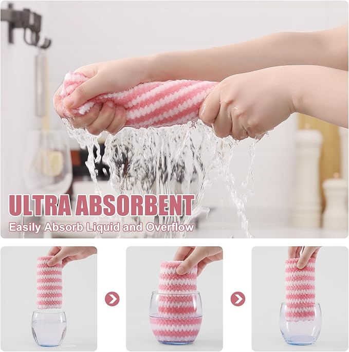 Homaxy 12 Pack Kitchen Dish Cloths, Ultra Soft and Absorbent Dish Towels, Reusable Fast Drying Microfiber Cleaning Cloth, Coral Velvet Wave Design No-lint, 10 x 10 inches, Blue/Pink/Grass Green