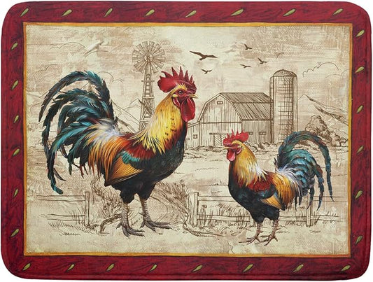 Farm Rooster Dish Drying Mat for Countertop 18x24 Inches Red Rustic Chicken Absorbent Microfiber Dry Dishes Pads Kitchen Counter Accessories