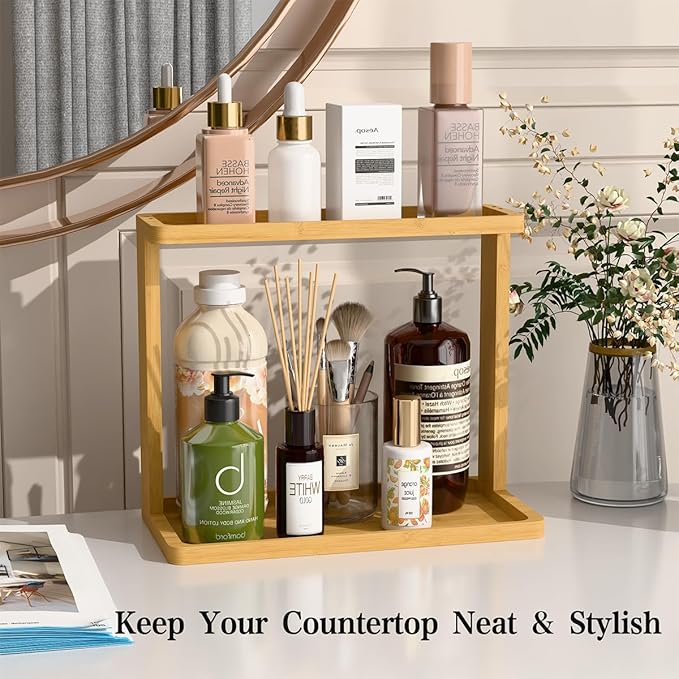 PEKER Bamboo Bathroom Organizer Countertop – Small Vanity Storage Shelf for Makeup, Perfume, Skincare – Natural Cosmetics Display Rack for Dresser, Sink, Kitchen – Natural