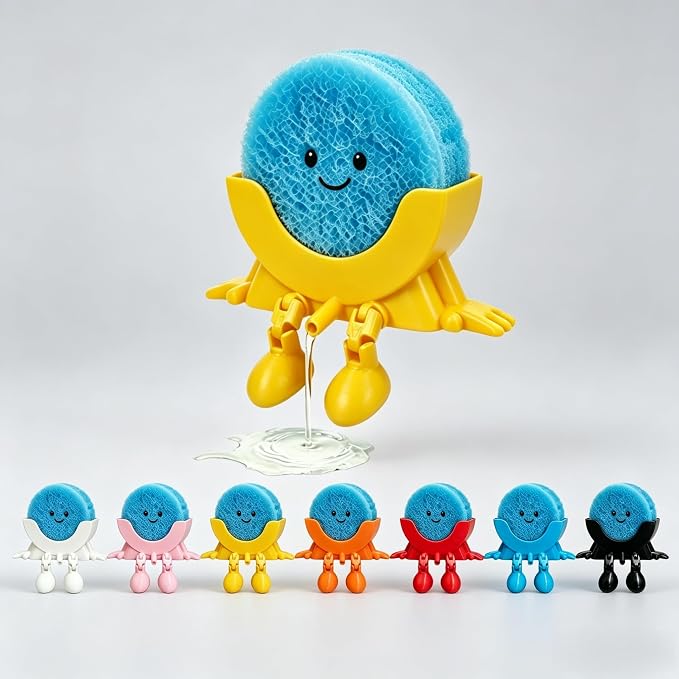 Cute Hanging Sponge Holder with Drainage,3D Printed Kitchen Funny Sponge Stand for Sink,with non-slip pads,Suitable for Scrub Daddy Holder,Keeps Your Sponge Dry Smiling (Yellow)
