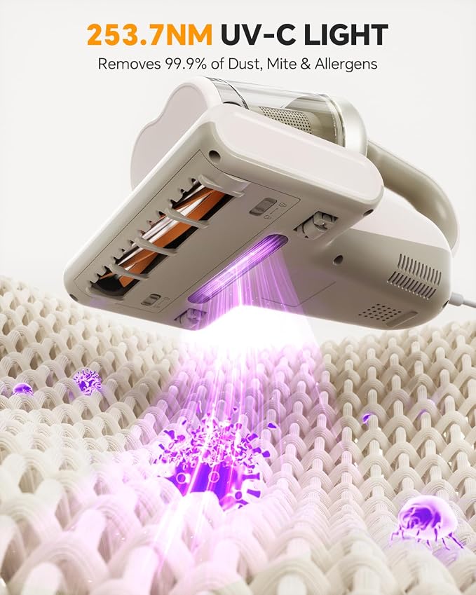 Mr.ego Mattress Vacuum Cleaner, 16Kpa Bed Vacuum with 253.7nm UV-C Light & Ultrasonic, 16.4FT Corded, Washable HEPA Filter, Handheld Vacuum for Bed, Couch, Crib, Carpet (White)