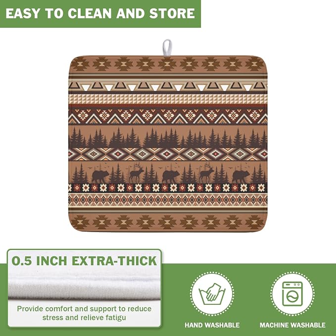Giwawa Rustic Bear Deer Dish Drying Mat Boho Ethnic Drainer Rack Pad 16x18 Inch Microfiber Absorbent Dish Sink Mat for Counter Kitchen Tableware