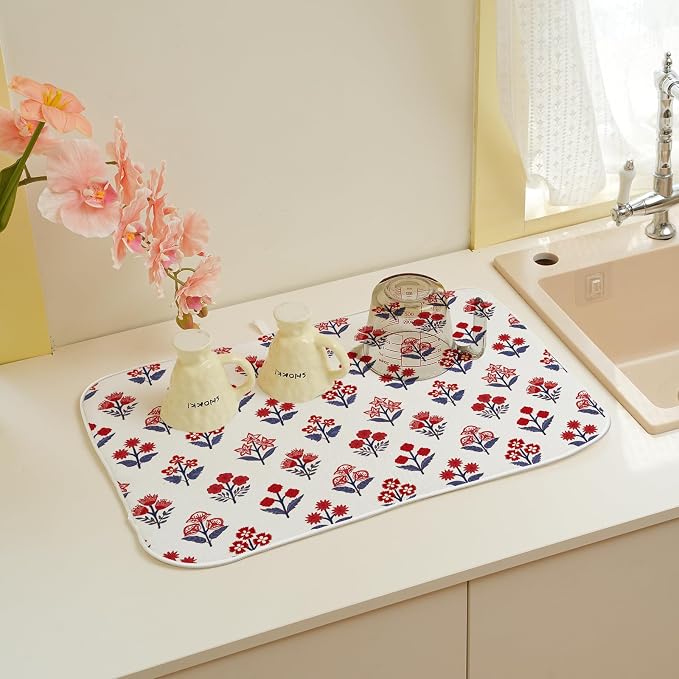 Red Blue Dish Drying Mat 18x24 Inch Vintage Boho Block Print Floral Drying Mat 4th of July Patriotic Flower Seasonal Absorbent Dish Drying Pad Dish Rack Drainer Mats for Kitchen Dining Counter