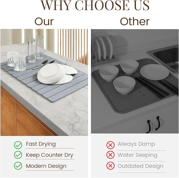 Large Stone Dish Drying Mats for Kitchen Counter 24"(L)×16"(W) Foldable Quick Dry Stone Dish Drying Mats Kitchen Absorbent Diatomaceous Earth Drying Stone Mat for Dishes Bottles Cups Medium Gray