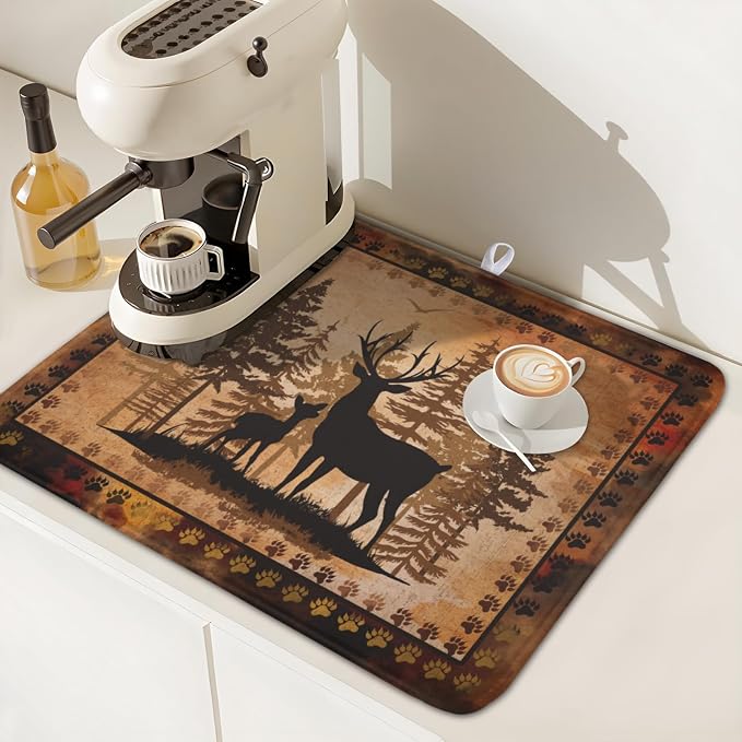 Giwawa Forest Deer Dish Drying Mat Wildlife Animal Dishes Pad 16"x18" Microfiber Absorbent Fast Dry Drainer Rack Mats for Kitchen Countertop Decor