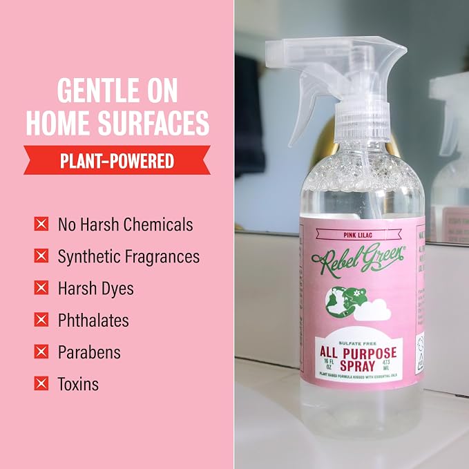 Rebel Green Natural All-Purpose Cleaning Spray - Plant-Derived Multi-Surface Cleaner with Essential Oils for Kitchen, Bath, Countertops and More - Pink Lilac Scent - 16 oz - 1 Pack