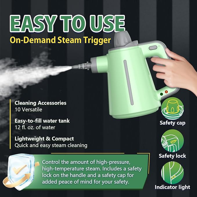 Handheld Steam Cleaner, Chemical-Free Pressurized Steamer for Home Cleaning with 10 Accessories, High Temp Steam Cleaner, 380ML Tank, 9.8FT Cord for Bathroom, Kitchen, Grout, Tile, Window&Car