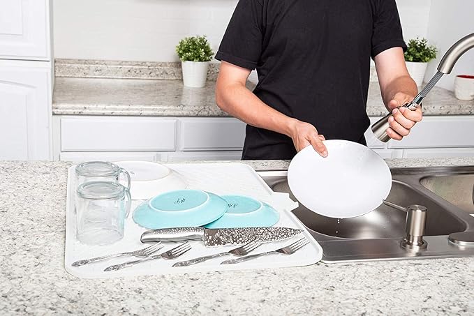 Luxet Silicone Dish Drying Mat with Built-in Drain Lip - Hygienic Drying Pad - Sturdy Compact Easy to Clean Tray Protects Surfaces Prevents Water Build Up - 23 X 17 (White)