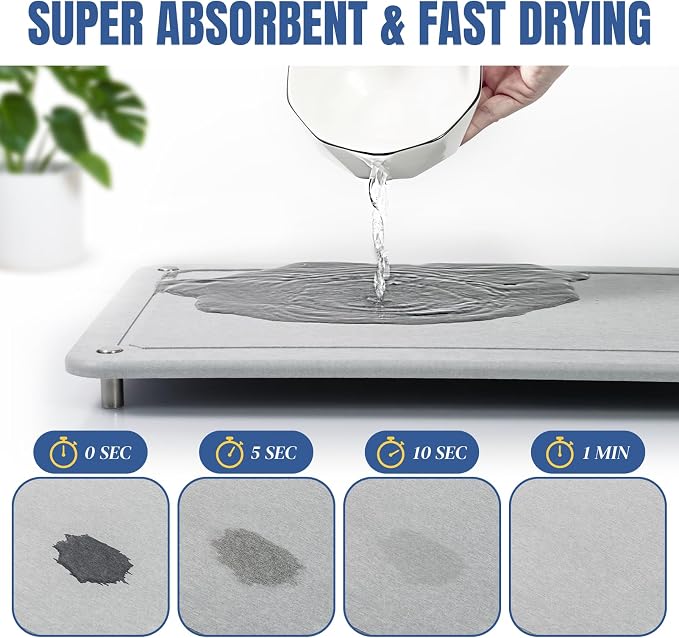 Stone Drying Mat for Kitchen Counter, Diatomaceous Dish Drying Mats Superb Absorbent with Non-Slip Stainless Steel Feet for Dishes, Bottles and more, 15.7"(L)×11.8"(W), Light Grey Square