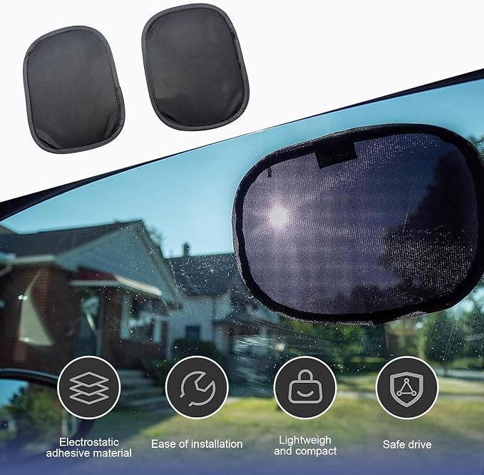 2 PCS Static Cling Car Window Shades, Mini Nylon Mesh Static Windshield Sun Shade, 9.25 x 6.7In Reusable Side Window Shield, Universal Sun Glare Protection Accessories (Black)