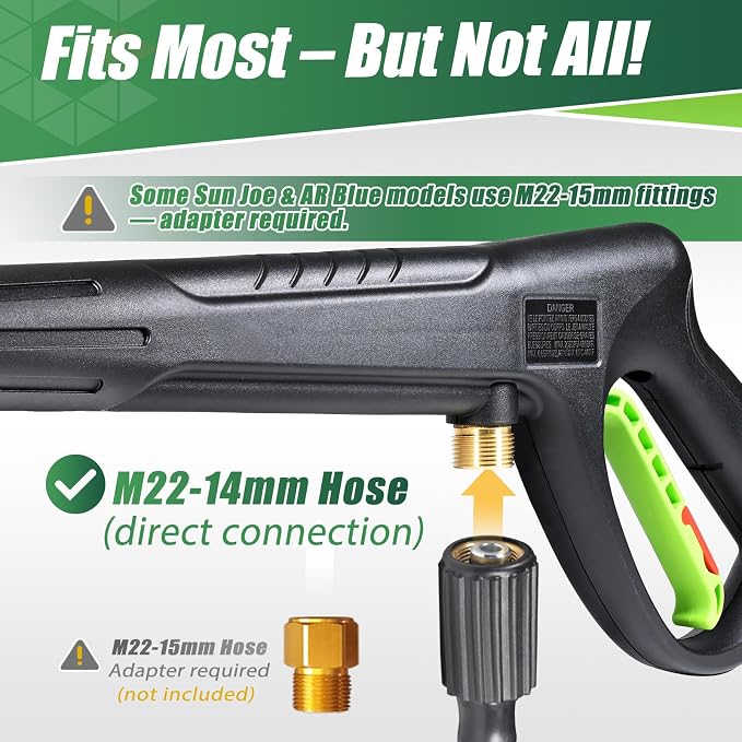 Pressure Washer Gun Wand & 3-in-1 Adjustable Nozzle, M22-14mm | Compatible with Ryobi, Powerstroke, Greenworks, Husky, Raptor Blast, Electric Power Washer