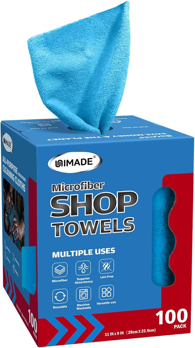 UNIMADE Shop Towels, 100 Sheets Microfiber Cleaning Cloth | Commercial Grade Washcloths Lint-Free Bulk Shops Rags for Cars Mechanic Restaurant Garage Housekeeping, 11"x 9", Blue