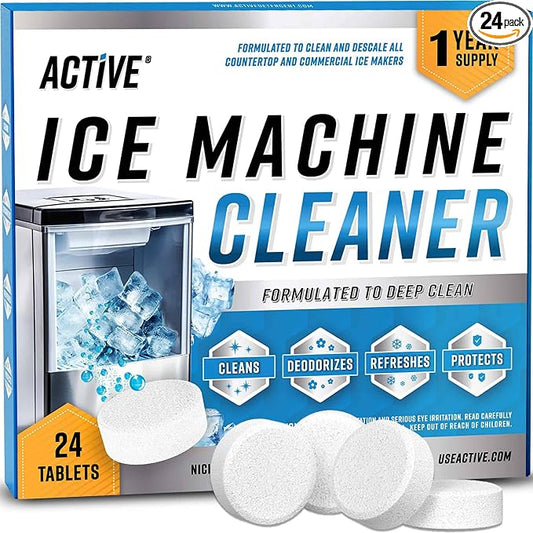 ACTIVE Ice Machine Cleaner Maker Descaler - 24 Clean Tablets Compatible with Frigidaire, Opal, GE Profile, Kitchenaid, Nickel Safe Scale Remover for Countertop, Nugget Ice Makers - Bulk 1 Year Supply